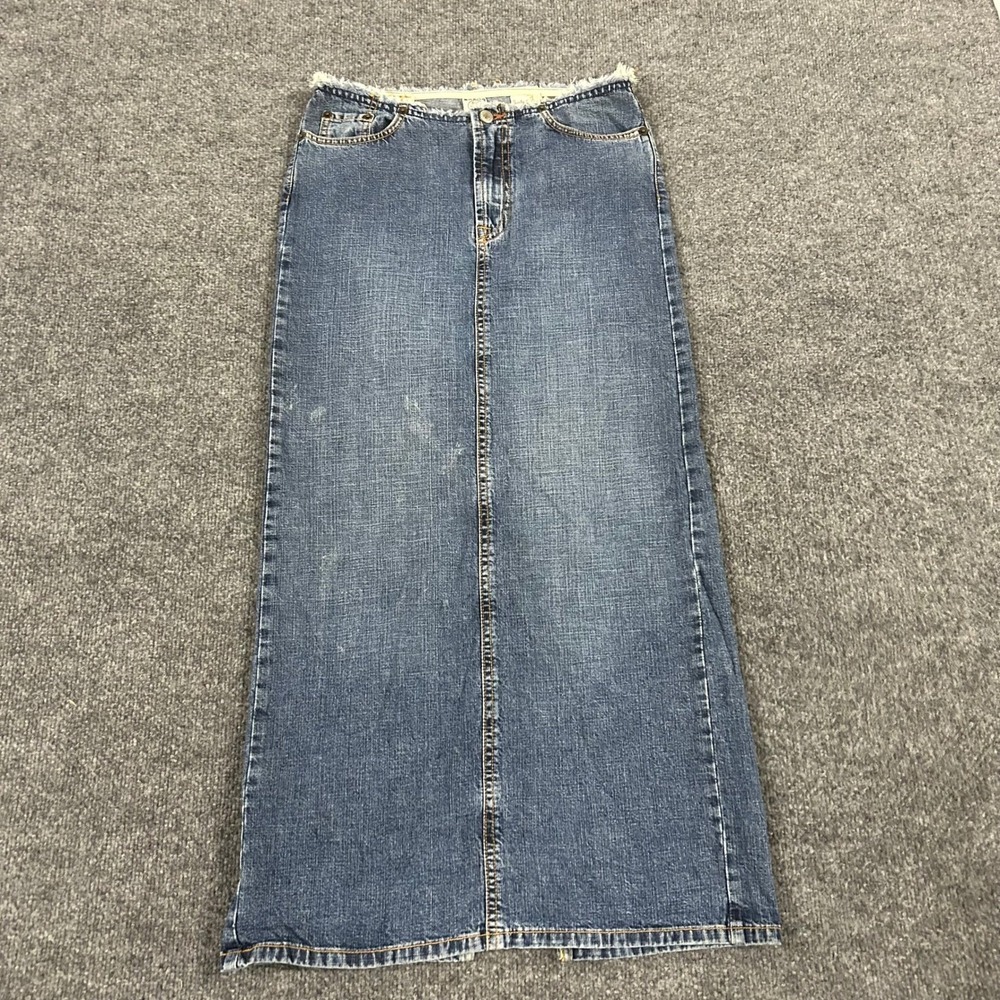 Lucky Brand Maxi Skirt Womens Size 2 Blue Denim Frayed Waist USA Made Casual